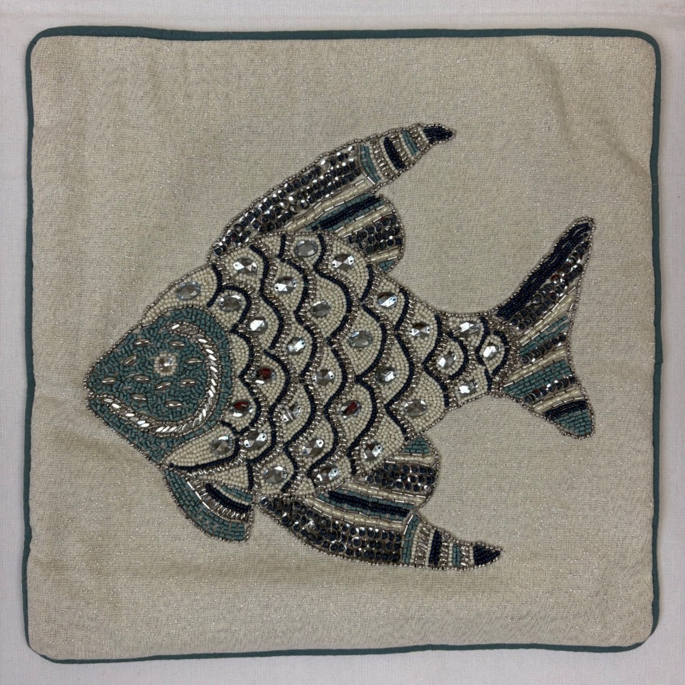 Pier One Beaded Fish‎ Pillow Sham Square 14x14 Blue Cream Sparkly Sequin Beach